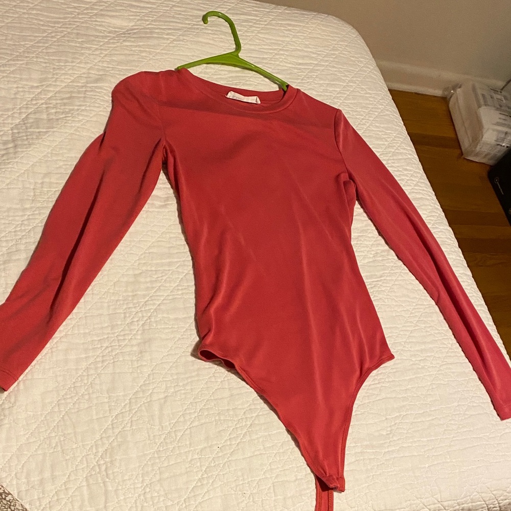Elodie Long-Sleeve One-Piece Bodysuit in Coral
